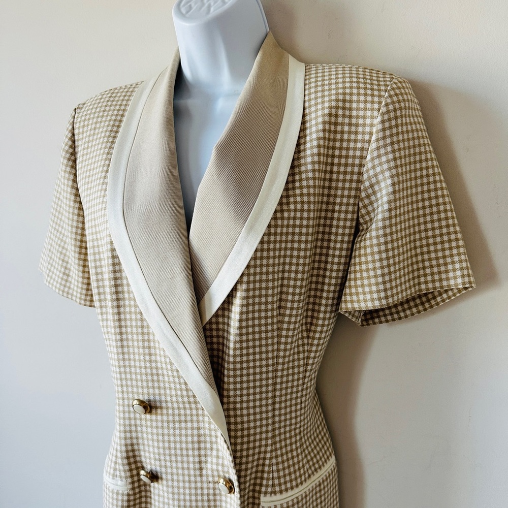 Vintage Tan & Cream Trim Double Breasted Blazer Style Dress Size 12 - Picture 9 of 10
